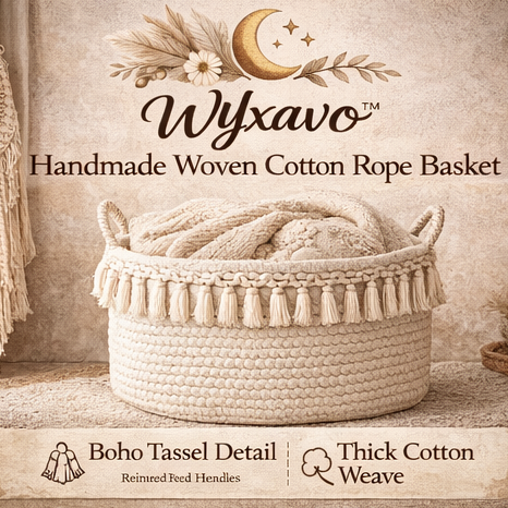 WYxavo™ Handmade Woven Cotton Rope Storage Basket – Boho Tassel Laundry Hamper with Handles