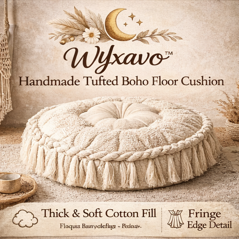 WYxavo™ Handmade Tufted Boho Floor Cushion – Thick Cotton Round Meditation Pillow with Fringe Edges
