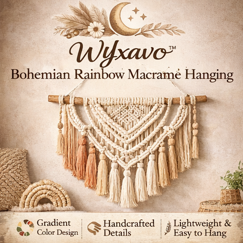 WYxavo™ Bohemian Rainbow Macrame Wall Hanging – Handcrafted Cotton Wall Art with Color Gradient Tassels