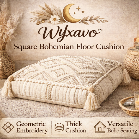 WYxavo™ Square Bohemian Floor Cushion with Geometric Embroidery – Thick Padded Seating Pillow