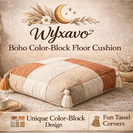 WYxavo™ Boho Color-Block Floor Cushion – Handmade Cotton Seating Pillow with Tassel Corners