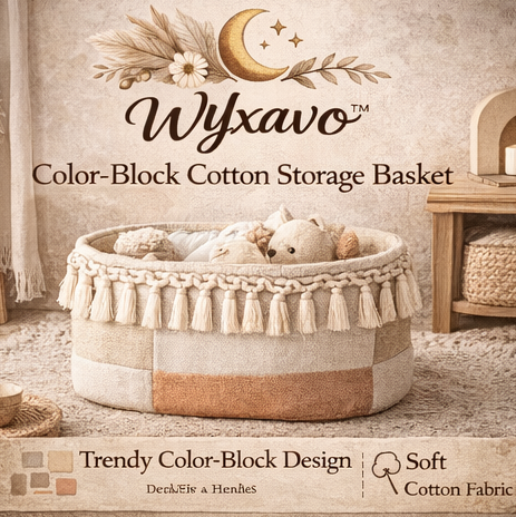 WYxavo™ Color-Block Cotton Storage Basket – Boho Organizer Bin with Tassel Fringe Accent