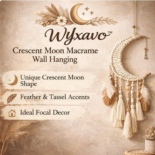 WYxavo™ Crescent Moon Macrame Wall Hanging – Boho Fiber Art with Feathers & Tassel Fringe