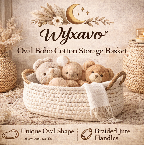 WYxavo™ Oval Boho Cotton Storage Basket with Braided Handles – Soft Woven Organizer for Home Decor
